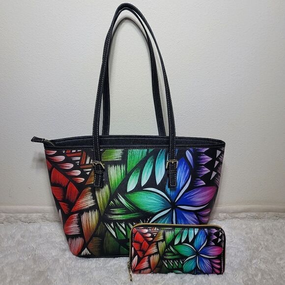 Rainbow Hawaiian Floral Print Tote Purse with Matching Wallet - Picture 13 of 13